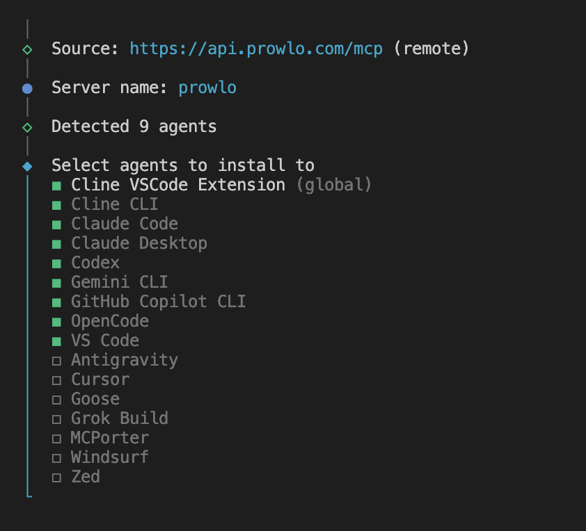 The prowlo init agent picker: 9 agents detected on the machine, ready to connect