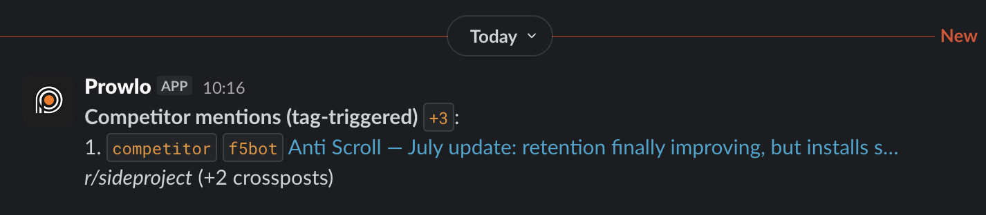A Prowlo alert in Slack: one clean notification naming the real community the post came from