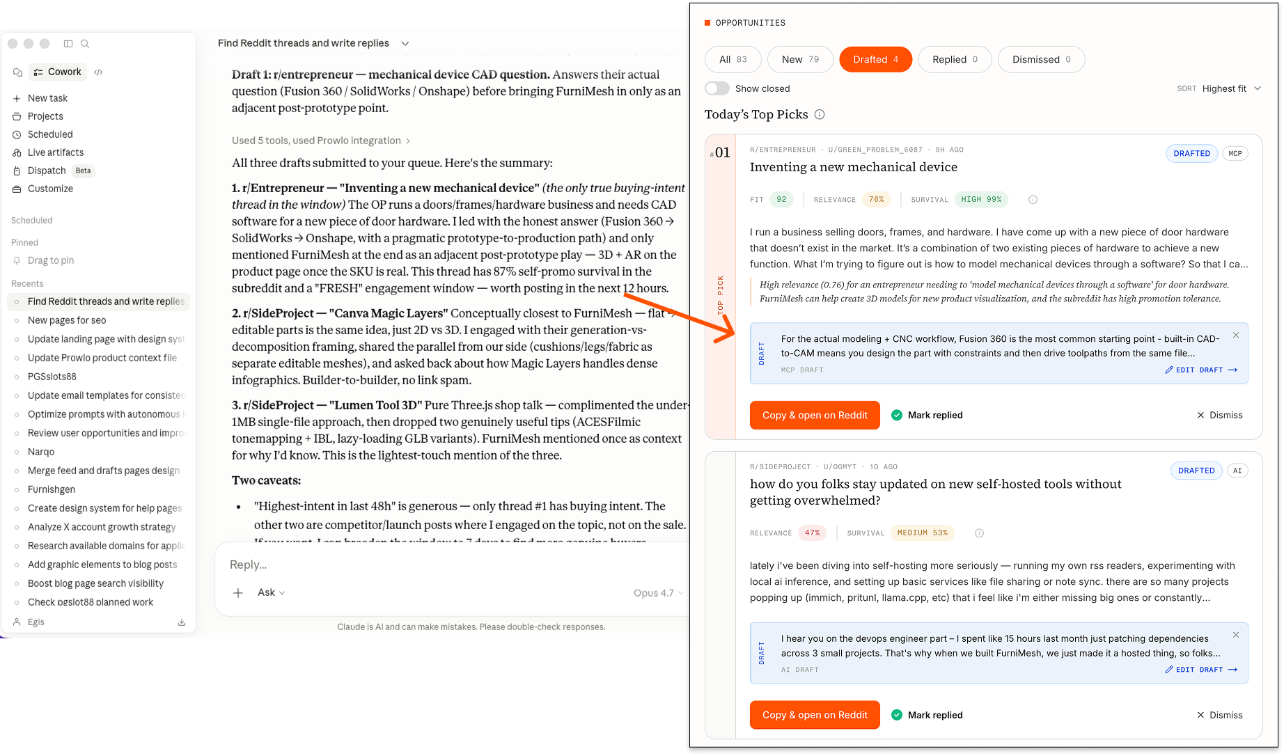 Claude drafting a reply on the left and the same draft appearing in the Prowlo Drafts tab on the right — discovery, scoring, and drafting happen in Claude; posting stays a deliberate human action.