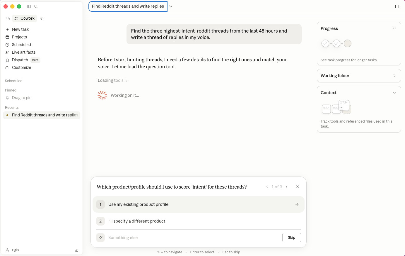 Claude Cowork running list_opportunities via the Prowlo MCP — Claude reading scored Reddit threads, subreddit risk, and engagement briefs from Prowlo, in a conversation.